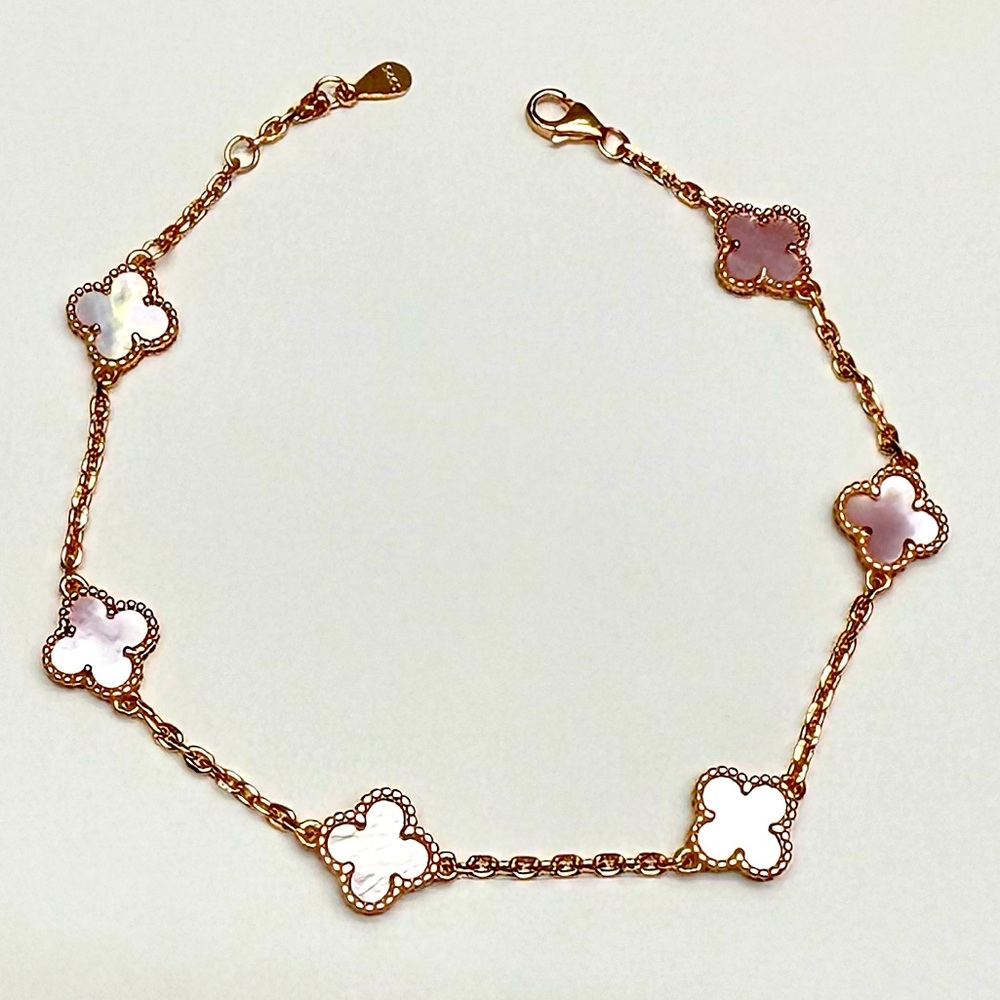 BCL12 Blush Pink Mother of Pearl STATION Dainty Clover Bracelet 18 RoseGold S925